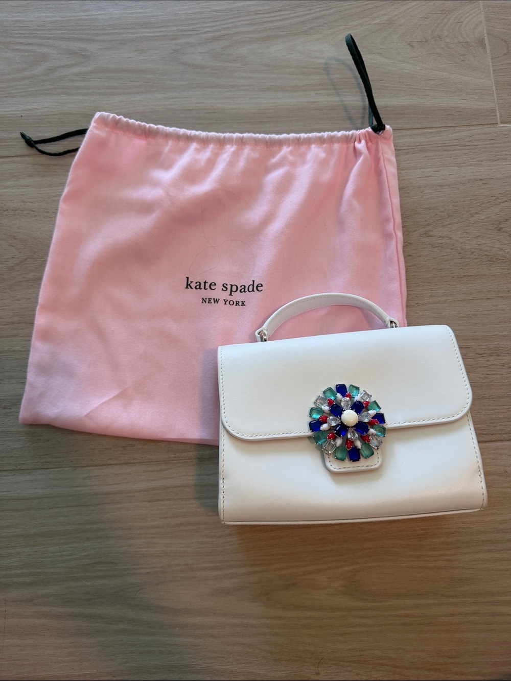 kate spade White Mini Top-Handle Bag with Multicolor Jewel Flower